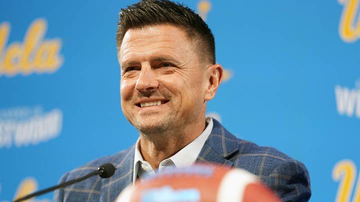 Dec 9, 2025; Los Angeles, CA, USA; Bob Chesney is introduced as UCLA Bruins football coach at press conference at Renee Luskin Conference Center Centennial Ballroom. Mandatory Credit: Kirby Lee-Imagn Images Dec 9, 2025; Los Angeles, CA, USA; Bob Chesney is introduced as UCLA Bruins football coach at press conference at Renee Luskin Conference Center Centennial Ballroom. Mandatory Credit: Kirby Lee-Imagn Images