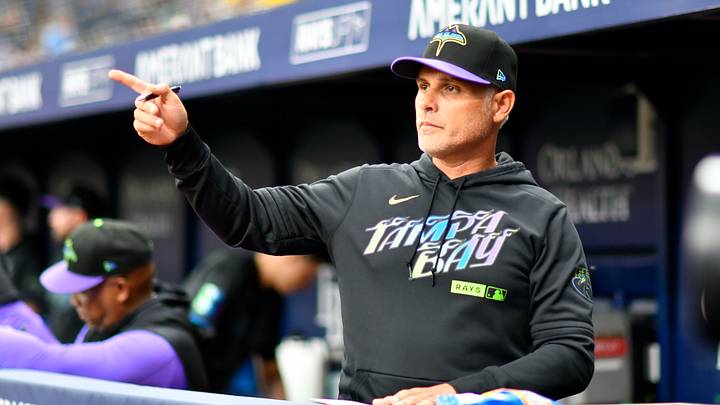 Jun 27, 2026; St. Petersburg, Florida, USA; Tampa Bay Rays manager Kevin Cash (16) reacts during the third inning against Arizona Diamondbacks at Tropicana Field. Jun 27, 2026; St. Petersburg, Florida, USA; Tampa Bay Rays manager Kevin Cash (16) reacts during the third inning against Arizona Diamondbacks at Tropicana Field.