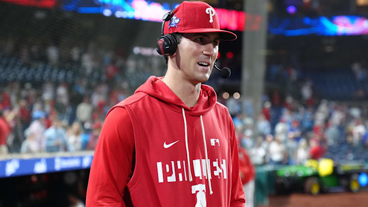 Mar 31, 2026; Philadelphia, Pennsylvania, USA; Philadelphia Phillies starting pitcher Andrew Painter (24) responds to interview questions after the game against the Washington Nationals at Citizens Bank Park.