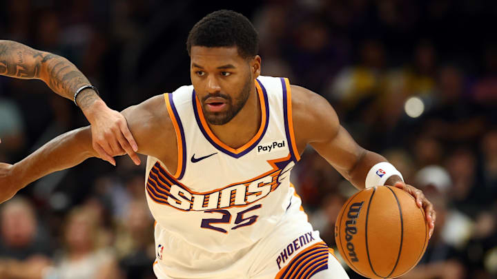 Oct 14, 2025; Phoenix, Arizona, USA; Phoenix Suns guard Jared Butler (25) against the Los Angeles Lakers during an NBA preseason game at Mortgage Matchup Center. Mandatory Credit: Mark J. Rebilas-Imagn Images Oct 14, 2025; Phoenix, Arizona, USA; Phoenix Suns guard Jared Butler (25) against the Los Angeles Lakers during an NBA preseason game at Mortgage Matchup Center. Mandatory Credit: Mark J. Rebilas-Imagn Images