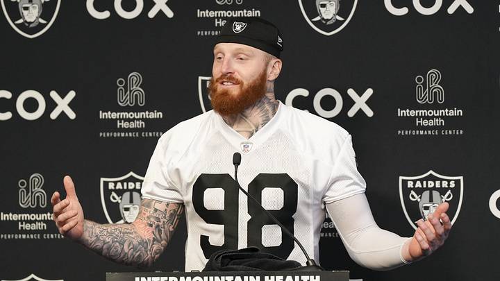 Jun 3, 2026; Henderson, NV, USA; Las Vegas Raiders defensive end Maxx Crosby (98) speaks during a news conference during organized team activities at Intermountain Health Performance Center. Mandatory Credit: Candice Ward-Imagn Images