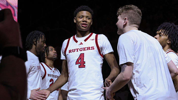 Mar 9, 2025; Piscataway, New Jersey, USA; Rutgers Scarlet Knights guard Ace Bailey (4) is introduced before the game against the Minnesota Golden Gophers at Jersey Mike's Arena. Mandatory Credit: Vincent Carchietta-Imagn Images