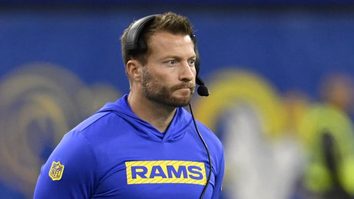 Nov 24, 2024; Inglewood, California, USA; Los Angeles Rams head coach Sean McVay, center, watches from the sidelines during the second half against the Philadelphia Eagles at SoFi Stadium. Mandatory Credit: Alex Gallardo-Imagn Images Nov 24, 2024; Inglewood, California, USA; Los Angeles Rams head coach Sean McVay, center, watches from the sidelines during the second half against the Philadelphia Eagles at SoFi Stadium. Mandatory Credit: Alex Gallardo-Imagn Images