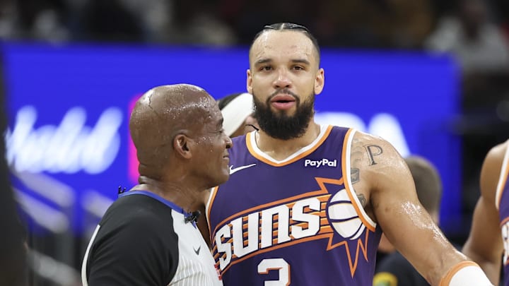 Dec 5, 2025; Houston, Texas, USA; Phoenix Suns forward Dillon Brooks (3) reacts in front of a referee during the first quarter against the Houston Rockets at Toyota Center. Mandatory Credit: Troy Taormina-Imagn Images Dec 5, 2025; Houston, Texas, USA; Phoenix Suns forward Dillon Brooks (3) reacts in front of a referee during the first quarter against the Houston Rockets at Toyota Center. Mandatory Credit: Troy Taormina-Imagn Images