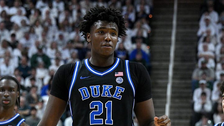 Dec 6, 2025; East Lansing, Michigan, USA;  Duke Blue Devils center Patrick Ngongba (21) during the first half against the Michigan State Spartans at Jack Breslin Student Events Center. Mandatory Credit: Dale Young-Imagn Images
