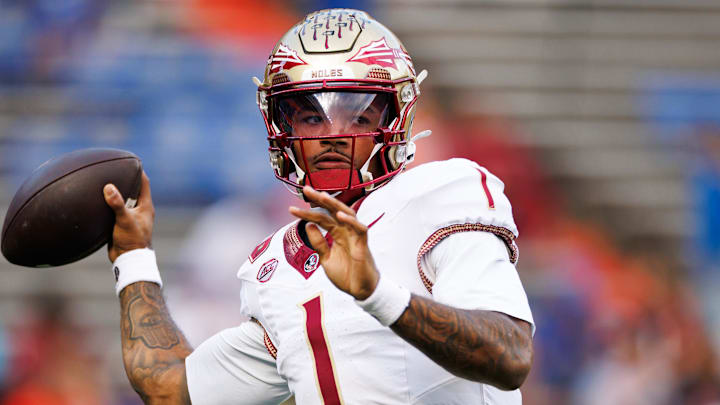 Nov 29, 2025; Gainesville, Florida, USA; Florida State Seminoles quarterback Tommy Castellanos (1) throws the ball before a game against the Florida Gators at Ben Hill Griffin Stadium. Mandatory Credit: Matt Pendleton-Imagn Images