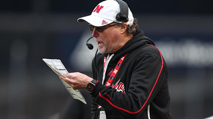 Nebraska offensive coordinator Dana Holgorsen calls a play during the second half of the Pinstripe Bowl.