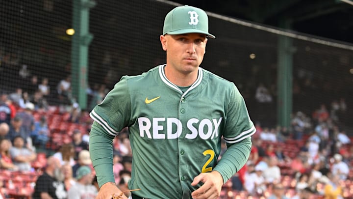 May 16, 2025; Boston, Massachusetts, USA; Boston Red Sox third baseman Alex Bregman (2) runs out of the dugout before the start of a game against the Atlanta Braves at Fenway Park. May 16, 2025; Boston, Massachusetts, USA; Boston Red Sox third baseman Alex Bregman (2) runs out of the dugout before the start of a game against the Atlanta Braves at Fenway Park.