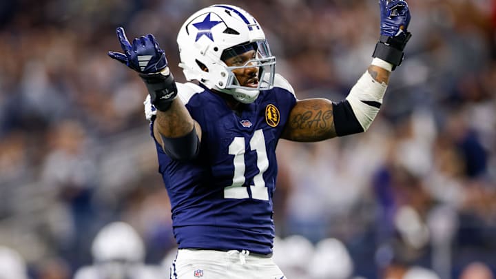 Nov 28, 2024; Arlington, Texas, USA; Dallas Cowboys linebacker Micah Parsons (11) celebrates after a sack during the third quarter against the New York Giants at AT&T Stadium. Mandatory Credit: Andrew Dieb-Imagn Images Nov 28, 2024; Arlington, Texas, USA; Dallas Cowboys linebacker Micah Parsons (11) celebrates after a sack during the third quarter against the New York Giants at AT&T Stadium. Mandatory Credit: Andrew Dieb-Imagn Images