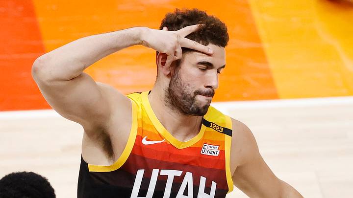 Mar 29, 2021; Salt Lake City, Utah, USA; Utah Jazz forward Georges Niang (31) reacts after a three-pointer in the third quarter against the Cleveland Cavaliers at Vivint Smart Home Arena. Mandatory Credit: Jeffrey Swinger-USA TODAY Sports