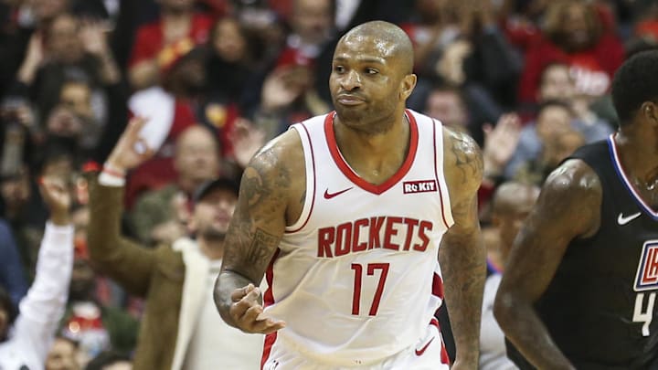 Nov 13, 2019; Houston, TX, USA; Houston Rockets forward PJ Tucker (17) reacts after scoring a basket during the second quarter against the Los Angeles Clippers at Toyota Center. Mandatory Credit: Troy Taormina-Imagn Images Nov 13, 2019; Houston, TX, USA; Houston Rockets forward PJ Tucker (17) reacts after scoring a basket during the second quarter against the Los Angeles Clippers at Toyota Center. Mandatory Credit: Troy Taormina-Imagn Images