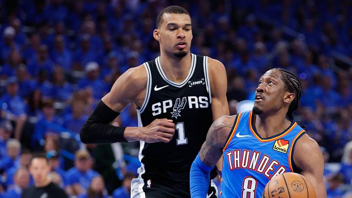 May 18, 2026; Oklahoma City, Oklahoma, USA; Oklahoma City Thunder forward Jalen Williams (8) drives the ball past San Antonio Spurs center Victor Wembanyama (1) in the third quarter during game one of the western conference finals for the 2026 NBA playoffs at Paycom Center. Mandatory Credit: Alonzo Adams-Imagn Images