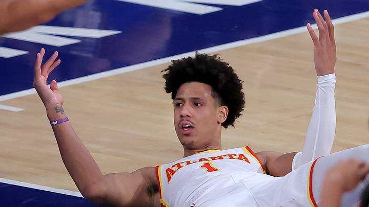 Apr 28, 2026; New York, New York, USA; Atlanta Hawks forward Jalen Johnson (1) reacts after losing the ball out of bounds during the first quarter of game five of the first round of the 2026 NBA Playoffs against the New York Knicks at Madison Square Garden. Mandatory Credit: Brad Penner-Imagn Images Apr 28, 2026; New York, New York, USA; Atlanta Hawks forward Jalen Johnson (1) reacts after losing the ball out of bounds during the first quarter of game five of the first round of the 2026 NBA Playoffs against the New York Knicks at Madison Square Garden. Mandatory Credit: Brad Penner-Imagn Images