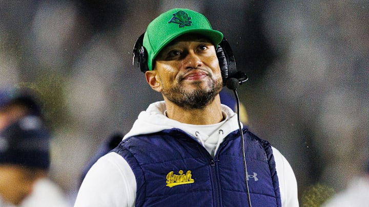 Notre Dame coach Marcus Freeman against Navy at Notre Dame Stadium.