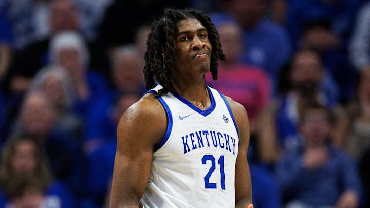 Jan 7, 2026; Lexington, Kentucky, USA; Kentucky Wildcats forward Jayden Quaintance (21) reacts after a play during the second half against the Missouri Tigers at Rupp Arena at Central Bank Center. Mandatory Credit: Jordan Prather-Imagn Images