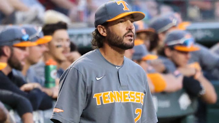 Tennessee Volunteers coach Tony Vitello during game against the Arkanss Razorbacks at Baum-Walker Stadium in Fayetteville, Ark. Tennessee Volunteers coach Tony Vitello during game against the Arkanss Razorbacks at Baum-Walker Stadium in Fayetteville, Ark.