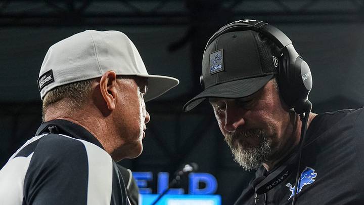 Detroit Lions coach Dan Campbell talks to referee Carl Cheffers after 29-24 loss to Pittsburgh Steelers at Ford Field 