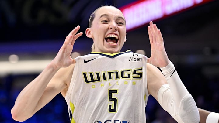 Sep 11, 2025; Arlington, Texas, USA; Dallas Wings guard Paige Bueckers (5) celebrates after the game against the Phoenix Mercury at College Park Center. Mandatory Credit: Jerome Miron-Imagn Images
