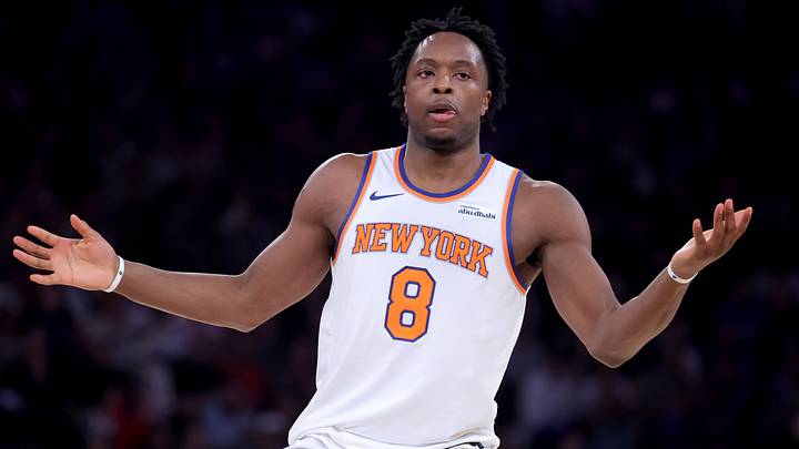 May 4, 2026; New York, New York, USA; New York Knicks forward OG Anunoby (8) reacts after a three point shot during the first quarter of game one of the eastern conference semifinal round of the 2026 NBA Playoffs against the Philadelphia 76ers at Madison Square Garden. Mandatory Credit: Brad Penner-Imagn Images