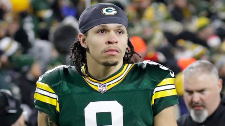 Green Bay Packers wide receiver Christian Watson (9) leaves the field in the fourth quarter after getting injured against the New Orleans Saints during their football game Monday, December 23, 2024, at Lambeau Field in Green Bay, Wisconsin.