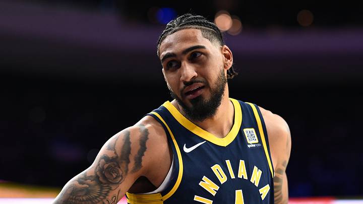 Mar 14, 2025; Philadelphia, Pennsylvania, USA; Indiana Pacers forward Obi Toppin (1) reacts against the Philadelphia 76ers in the third quarter at Wells Fargo Center. Mandatory Credit: Kyle Ross-Imagn Images