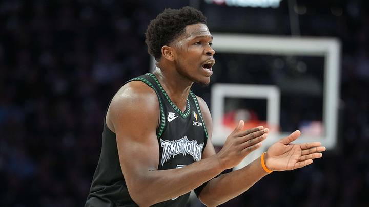 May 15, 2026; Minneapolis, Minnesota, USA; Minnesota Timberwolves guard Anthony Edwards (5) looks on against the San Antonio Spurs in the first half during game six of the second round of the 2026 NBA Playoffs at Target Center. Mandatory Credit: Jesse Johnson-Imagn Images