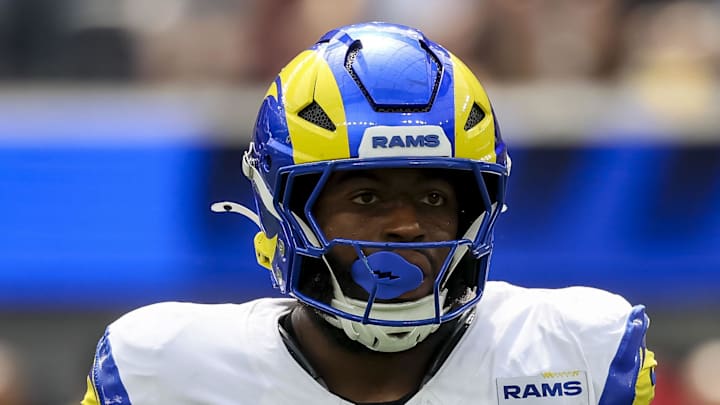 Sep 7, 2025; Inglewood, California, USA; Los Angeles Rams linebacker Jared Verse (8) wearing the NFL gold shield patch during the third quarter at SoFi Stadium. Mandatory Credit: Kiyoshi Mio-Imagn Images Sep 7, 2025; Inglewood, California, USA; Los Angeles Rams linebacker Jared Verse (8) wearing the NFL gold shield patch during the third quarter at SoFi Stadium. Mandatory Credit: Kiyoshi Mio-Imagn Images
