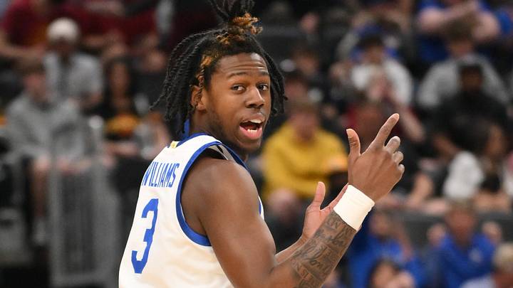 Mar 20, 2026; St. Louis, MO, USA; Kentucky Wildcats guard Kam Williams (3) reacts against the Santa Clara Broncos during the second half of a first round game of the men's 2026 NCAA Tournament at Enterprise Center. Mandatory Credit: Jeff Curry-Imagn Images Mar 20, 2026; St. Louis, MO, USA; Kentucky Wildcats guard Kam Williams (3) reacts against the Santa Clara Broncos during the second half of a first round game of the men's 2026 NCAA Tournament at Enterprise Center. Mandatory Credit: Jeff Curry-Imagn Images