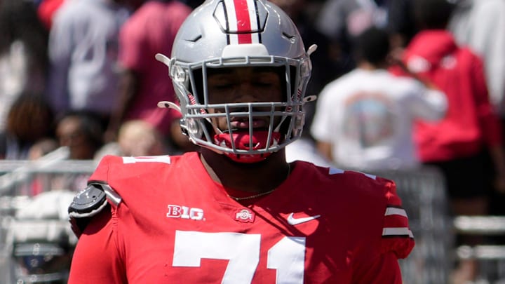 April 13, 2024; Columbus, Ohio, USA; 
Ohio State Buckeyes offensive tackle Josh Simmons (71) competes during the first half of the LifeSports spring football game at Ohio Stadium on Saturday.