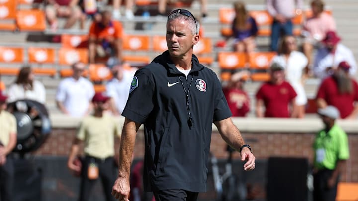 Sep 23, 2023; Clemson, South Carolina, USA; Florida State Seminoles head coach Mike Norvell prior to a game against the Clemson Tigers at Memorial Stadium. Mandatory Credit: David Yeazell-Imagn Images