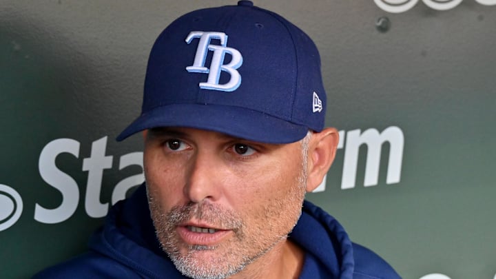 Sep 13, 2025; Chicago, Illinois, USA; Tampa Bay Rays manager Kevin Cash (16) answers questions from the media prior to a game against the Chicago Cubs at Wrigley Field. Sep 13, 2025; Chicago, Illinois, USA; Tampa Bay Rays manager Kevin Cash (16) answers questions from the media prior to a game against the Chicago Cubs at Wrigley Field.