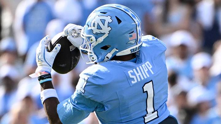 Sep 13, 2025; Chapel Hill, North Carolina, USA; North Carolina Tar Heels wide receiver Jordan Shipp (1) makes a catch in the second quarter at Kenan Stadium. Mandatory Credit: Bob Donnan-Imagn Images