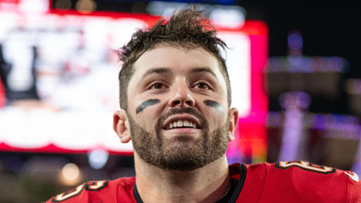 Dec 24, 2023; Tampa, Florida, USA; Tampa Bay Buccaneers quarterback Baker Mayfield (6) all smiles after the win against the Jacksonville Jaguars at Raymond James Stadium. Mandatory Credit: Jeremy Reper-Imagn Images