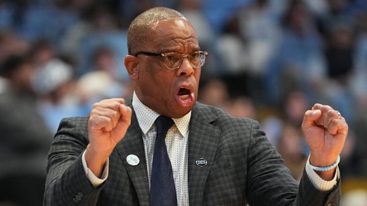 Feb 14, 2026; Chapel Hill, North Carolina, USA; North Carolina Tar Heels head coach Hubert Davis reacts in the first half at Dean E. Smith Center. Mandatory Credit: Bob Donnan-Imagn Images
