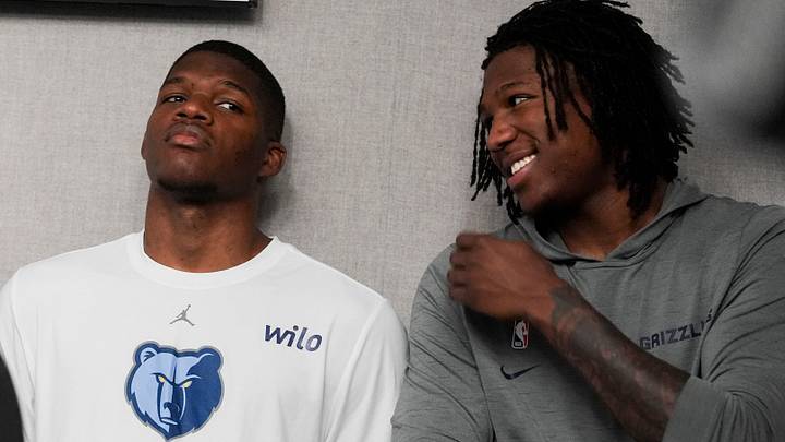 Grizzlies Cedric Coward (23) and GG Jackson (45) watch the introductory press conference for the team’s 2026 NBA Draft picks at FedExForum in Memphis, Tenn., on June 25, 2026. Grizzlies Cedric Coward (23) and GG Jackson (45) watch the introductory press conference for the team’s 2026 NBA Draft picks at FedExForum in Memphis, Tenn., on June 25, 2026.