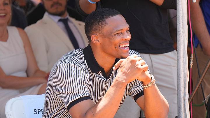 Russell Westbrook responds to a comment from Mayor David Holt at the groundbreaking for the MAPS 4 Multipurpose Stadium south of Bricktown, Monday, June 1, 2026.