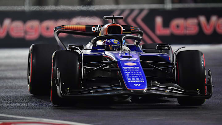 Nov 21, 2024; Las Vegas, Nevada, USA; Williams Racing driver Alex Albon (23) during practice for the Las Vegas Grand Prix at Las Vegas Circuit. Mandatory Credit: Gary A. Vasquez-Imagn Images