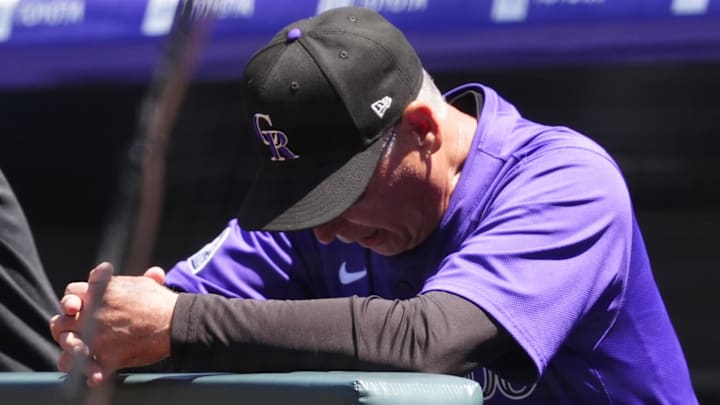 May 8, 2025; Denver, Colorado, USA; Colorado Rockies manager Bud Black (10) in the dugout in the first inning against the Detroit Tigers at Coors Field May 8, 2025; Denver, Colorado, USA; Colorado Rockies manager Bud Black (10) in the dugout in the first inning against the Detroit Tigers at Coors Field