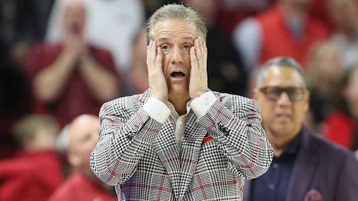 Mar 8, 2025; Fayetteville, Arkansas, USA; Arkansas Razorbacks here coach John Calipari reacts to a call in the second half during the game against the Mississippi State Bulldogs at Bud Walton Arena. Arkansas won 93-92. Mandatory Credit: Nelson Chenault-Imagn Images