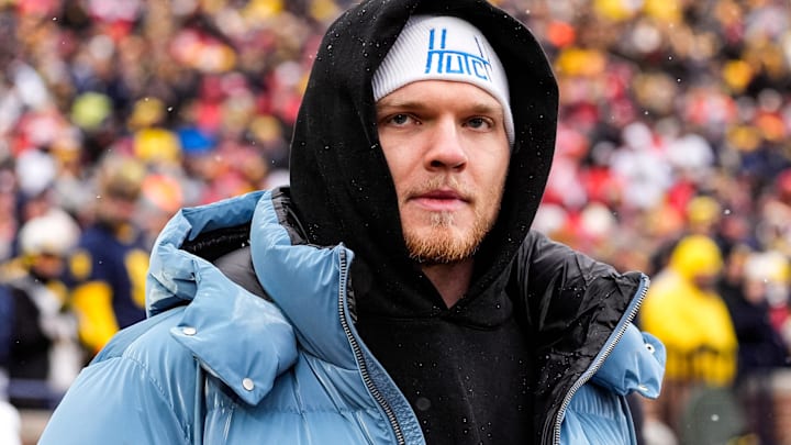 Former Michigan player Aidan Hutchinson on the sideline during the first half between Michigan and Ohio State at Michigan Stadium in Ann Arbor on Saturday, Nov. 29, 2025.