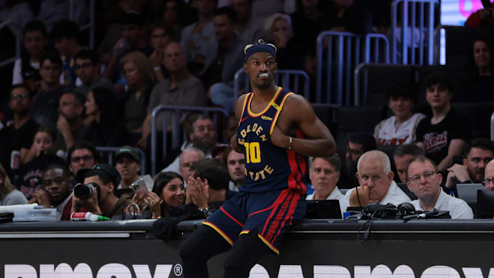 Mar 25, 2025; Miami, Florida, USA; Golden State Warriors forward Jimmy Butler III (10) looks on against the Miami Heat during the second quarter at Kaseya Center. Mandatory Credit: Sam Navarro-Imagn Images