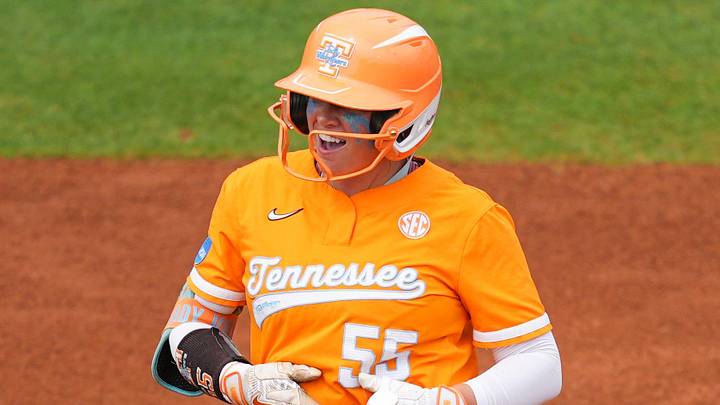 Tennessee outfielder Gabby Leach (55) rubs her stomach in celebration after hitting a double during a NCAA super regional game between Tennessee and Georgia at Sherri Parker Lee Stadium in Knoxville, Tenn., on May 22, 2026. Tennessee outfielder Gabby Leach (55) rubs her stomach in celebration after hitting a double during a NCAA super regional game between Tennessee and Georgia at Sherri Parker Lee Stadium in Knoxville, Tenn., on May 22, 2026.