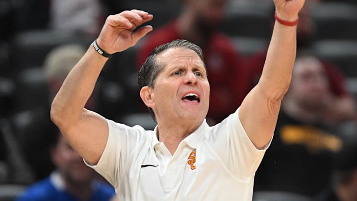 Mar 12, 2025; Indianapolis, IN, USA; USC Trojans head coach Eric Musselman calls out a play during the second half against the Rutgers Scarlet Knights at Gainbridge Fieldhouse. Mandatory Credit: Robert Goddin-Imagn Images