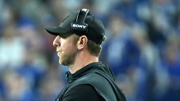 Dec 28, 2025; Indianapolis, Indiana, USA; Jacksonville Jaguars head coach Liam Coen during the second half against the Indianapolis Colts at Lucas Oil Stadium. Mandatory Credit: Robert Goddin-Imagn Images