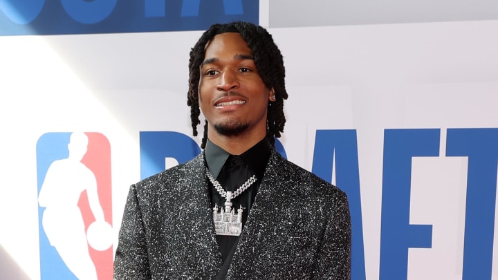 Jun 26, 2024; Brooklyn, NY, USA; Stephon Castle arrives for the first round of the 2024 NBA Draft at Barclays Center. Mandatory Credit: Brad Penner-USA TODAY Sports