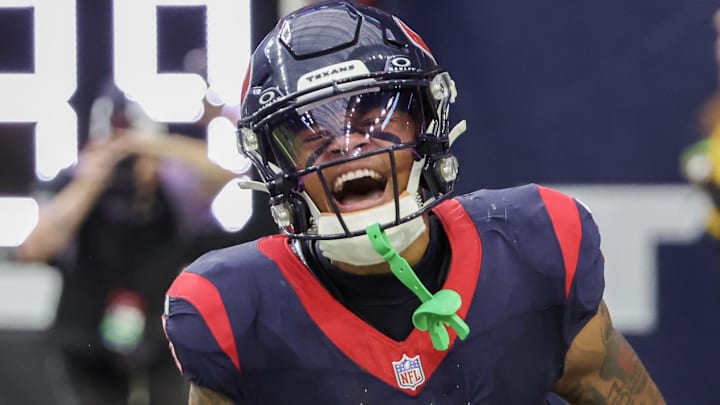 Nov 5, 2023; Houston, Texas, USA; Houston Texans wide receiver Tank Dell (3) celebrates his touchdown reception against the Tampa Bay Buccaneers in the fourth quarter at NRG Stadium. Mandatory Credit: Thomas Shea-Imagn Images