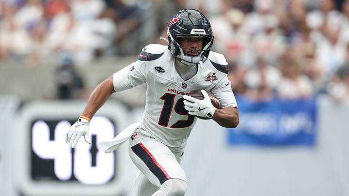 Sep 13, 2026; Houston, Texas, USA; Houston Texans wide receiver Xavier Hutchinson (19) runs with the ball after a reception during the game against the Buffalo Bills at Reliant Stadium. Mandatory Credit: Troy Taormina-Imagn Images Sep 13, 2026; Houston, Texas, USA; Houston Texans wide receiver Xavier Hutchinson (19) runs with the ball after a reception during the game against the Buffalo Bills at Reliant Stadium. Mandatory Credit: Troy Taormina-Imagn Images