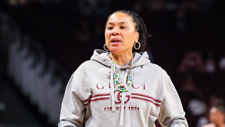 Nov 23, 2025; Columbia, South Carolina, USA; South Carolina Gamecocks head coach Dawn Staley directs her team against the Queens Royals in the second half at Colonial Life Arena. Mandatory Credit: Jeff Blake-Imagn Images