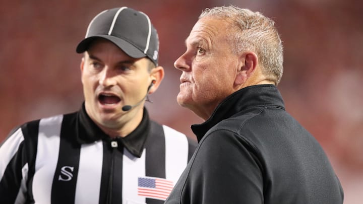 Arkansas Razorbacks coach Sam Pittman talks to an official after a call in the second quarter against the LSU Tigers at Razorback Stadium. Arkansas Razorbacks coach Sam Pittman talks to an official after a call in the second quarter against the LSU Tigers at Razorback Stadium.