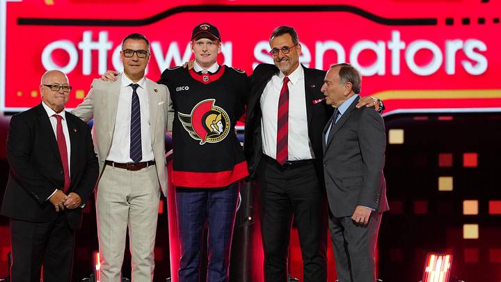 Jun 28, 2024; Las Vegas, Nevada, USA; Carter Yakemchuk is selected by the Ottawa Senators with the 7th overall pick in the first round of the 2024 NHL Draft at The Sphere. Mandatory Credit: Stephen R. Sylvanie-Imagn Images